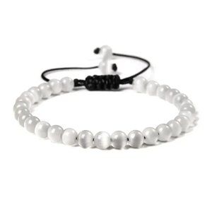 Unisex 6mm White Cat's Eye Quartz Natural Stone Beaded Adjustable Rope Bracelet